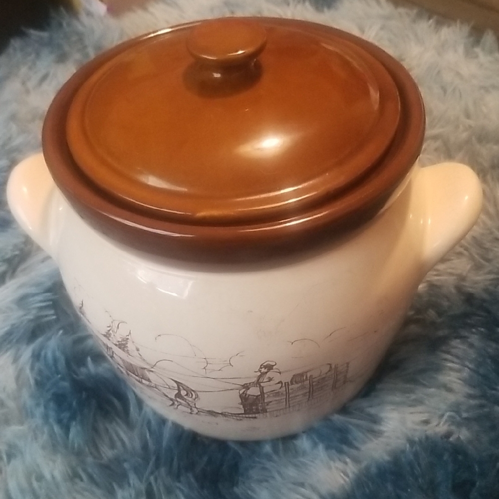 Vintage Ceramic Lidded Pot with Brown Lid